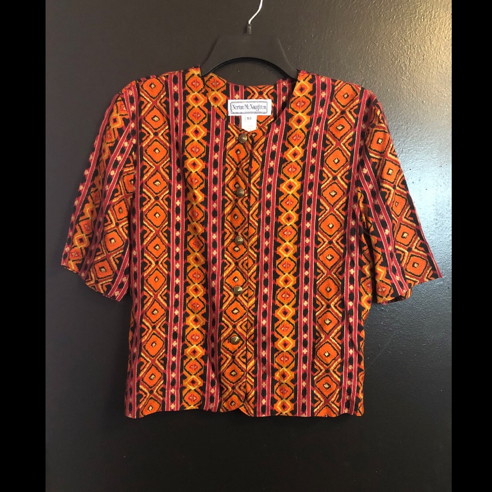 Vintage Norton McNaughton Orange and Black Geometric Print Blouse